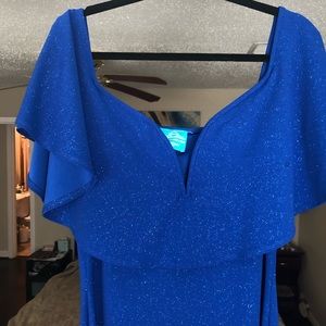 Floor length blue off shoulder dress